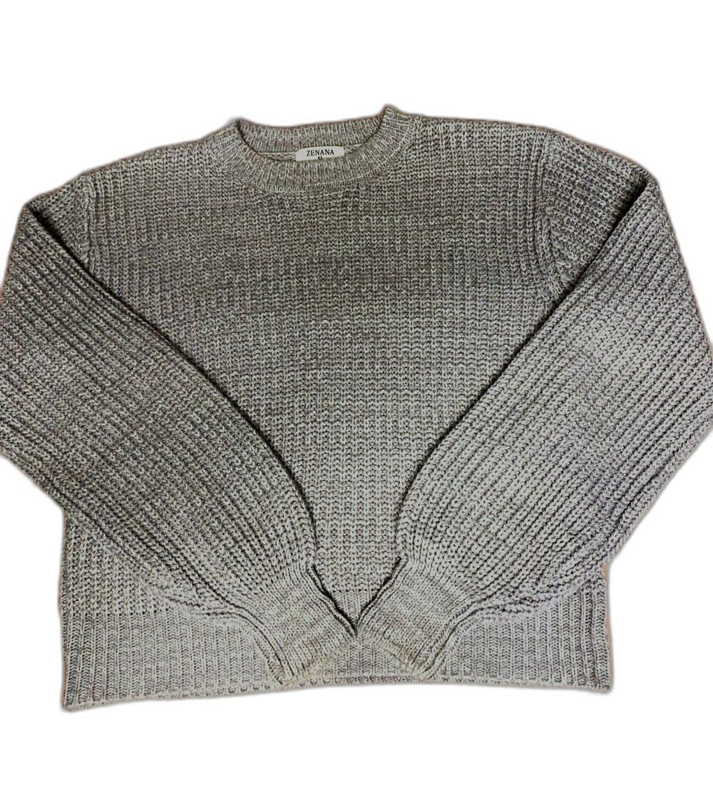 Zenana Women’s XS Gray Ribbed-Knit Crewneck Pullover Sweater Acrylic Long Sleeve
